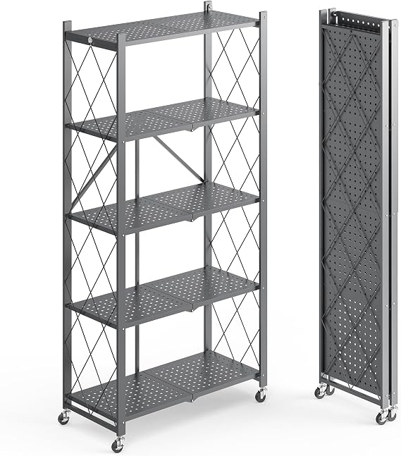 Fenbeli 5 Tier Storage Shelf with Wheels - Metal Collapsible Shelving Unit Display, Heavy Duty Folding Shelves, No Assembly Organizer Rack for Garage Kitchen, Basement, Pantry (Gray, 5 Tier)
