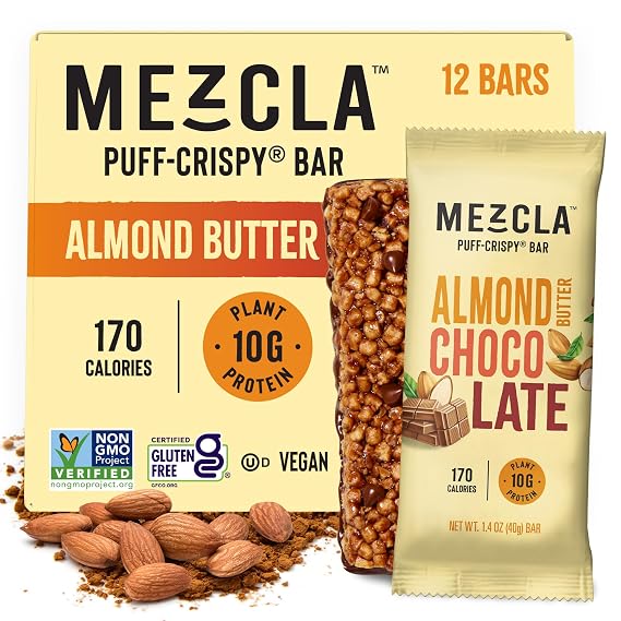 Mezcla Almond Butter Chocolate Protein Bars, Gluten Free & Vegan, 12 Pack | 10g Protein, Puff Crispy Texture, Alternative to Rice Treats, Granola & Breakfast Bar Alternative, Healthy Snack for Adults