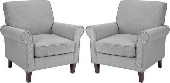 PrimeZone Comfy Accent Chairs Set of 2, Mid-Century Modern Arm Chair, Grey