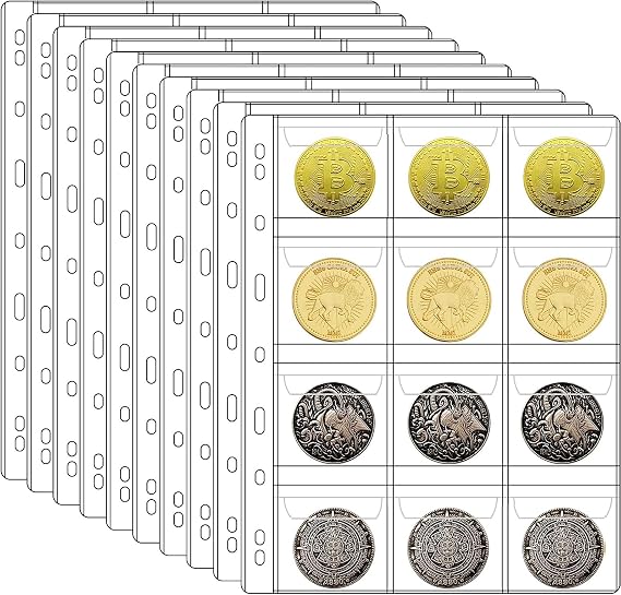 10 Sheets Coin Collection Pages, Coins Pocket Page with 120 Pockets, Coin Binder Inserts Sleeves with Standard 9 Hole for Coin Album. Storage Holder for Currency, Stamp and Other Supplies (12-Pocket)