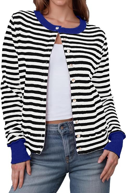 Glamaker Women's Striped Fall Cardigan Sweater Cropped Button Down Knit Long Sleeve Crewneck Fashion Cardigans