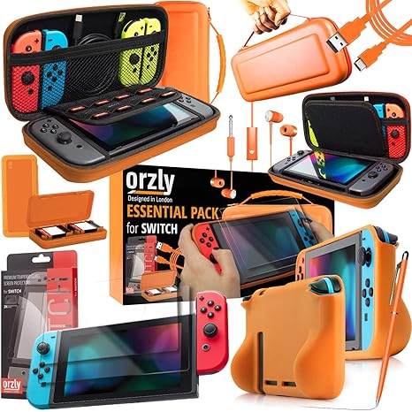 Orzly Essential Accessories Bundle for Nintendo Switch 1 & OLED, Orange | Carry case, Screen protectors x2, Comfort grip case, Game cartridge case, USB charging cable, Wired earbuds, Stylus pen