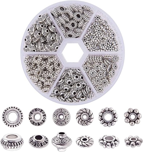 PH PandaHall 300pcs 6 Style Antique Silver Spacer Beads, Tibetan Metal Alloy Tube Spacers Flower Flat Rondelle Small Loose Beads for Bracelet Necklace Earring Jewelry Making Supplies