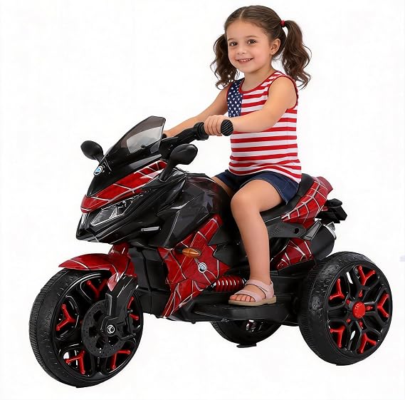 12V Kids Ride-On Motorcycle - 3-Wheel Electric Motorbike for Boys & Girls, Music, Lighting Wheels, Hand Throttle, PU Seat, Reticulate Blue - Gift for Ages 3-8 Red Plastic 50-99 pounds