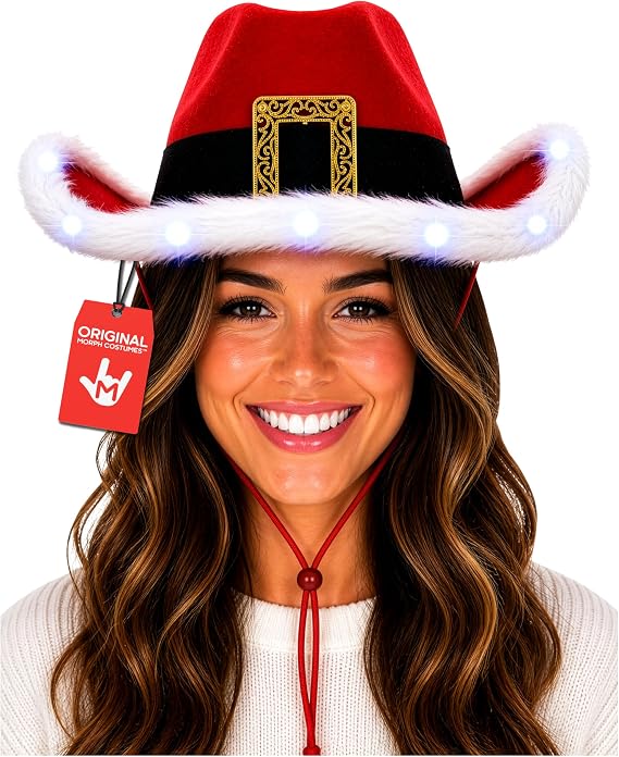 Nicky Bigs Novelties Light-Up Santa Cowboy Hat, Red White Christmas Costume