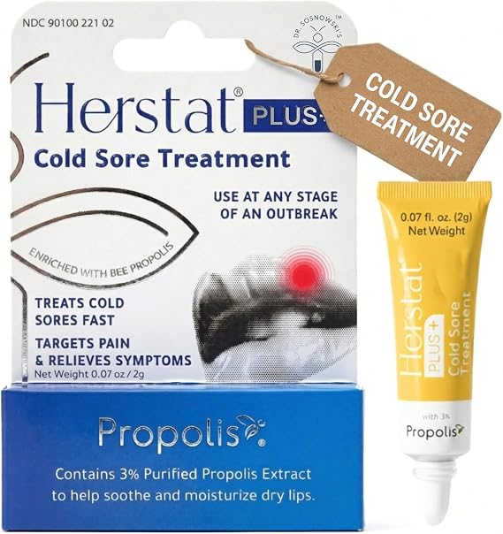 Herstat Plus+ Cold Sore Treatment 2g with 3% Propolis - Rapid Cold Sore Balm & Fever Blister Treatment - Lip Blister Treatment