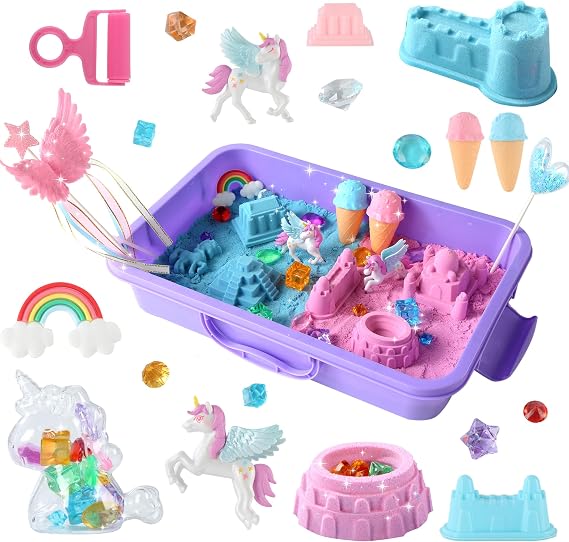 sikmcle Unicorn Sensory Bin Play Sand Kit for Girls Moulds Toddler Sand Art Kit with Sandbox for Kids for Toddlers Ages 3-8