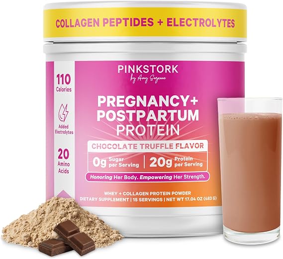 Pink Stork Pregnancy & Postpartum Protein Powder, 20g, Chocolate, 15 Scoops | Protein Powder for Women, 20g Whey & Collagen, Prenatal & Breastfeeding Nutrition, Energy, Recovery & Hydration Support