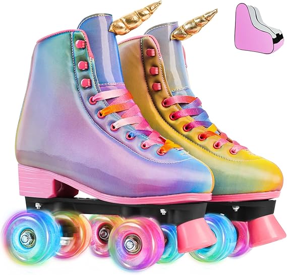 Roller Skates for Women, Men Light-Up Wheels Double-Row Rollerskates High-Top PU Leather Classic Designs Skate Shoes for Girls Beginners with a Shoes Bag Size 5 6 7 8 9 10 Indoor Outdoor