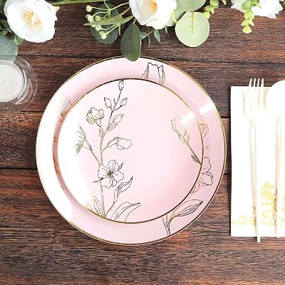 Dinner Plates Set for 50 Guests, Dusty Rose Plastic Party Plates With Metallic Gold Floral Design, 50x 8 inch Salad Plates  50x 10 inch Dinner Plates
