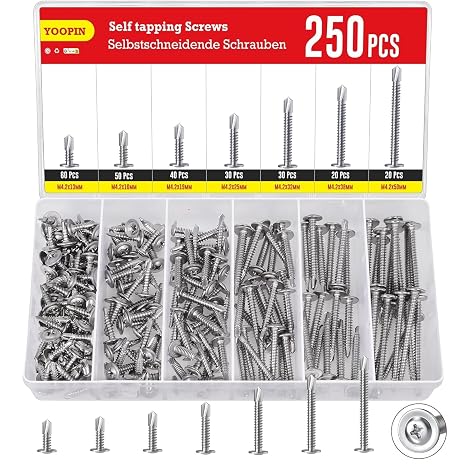 250PCS Self Tapping Screws Kit, Stainless Steel Pan Head Self Drilling Screws for Metal, M4.2 Assorted Phillips Head Drilling Screws Set(50mm/38mm/32mm/25mm/19mm/16mm/13mm) for Wood