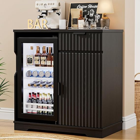 Fluted Mini Fridge Cabinet (Fridge Included) for Home, Black