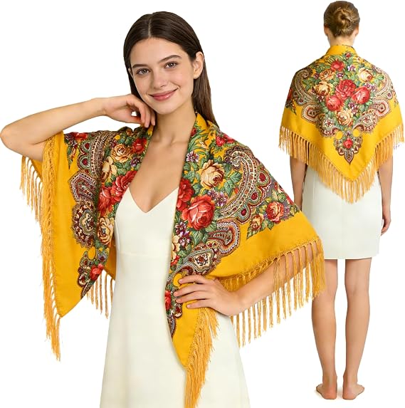 Russian Style Muffler Warm Scarf with Tassel Women's Traditional Scarf Wrap Shawl Fringes Printing Cape