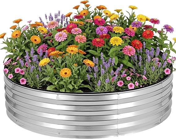 Round Galvanized Raised Garden Bed 4x4x1ft, Metal Planter Box Outdoor with Safety Edging, Raised Garden Beds for Vegetables Flowers Herbs - Silver