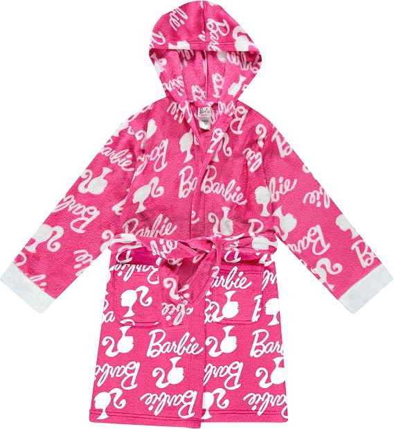 Barbie Girls Fleece Kids Hooded Robe - Super Soft Plush Kids Spa Bathrobe with Pockets, Girls Sizes 4-10 - Official Product