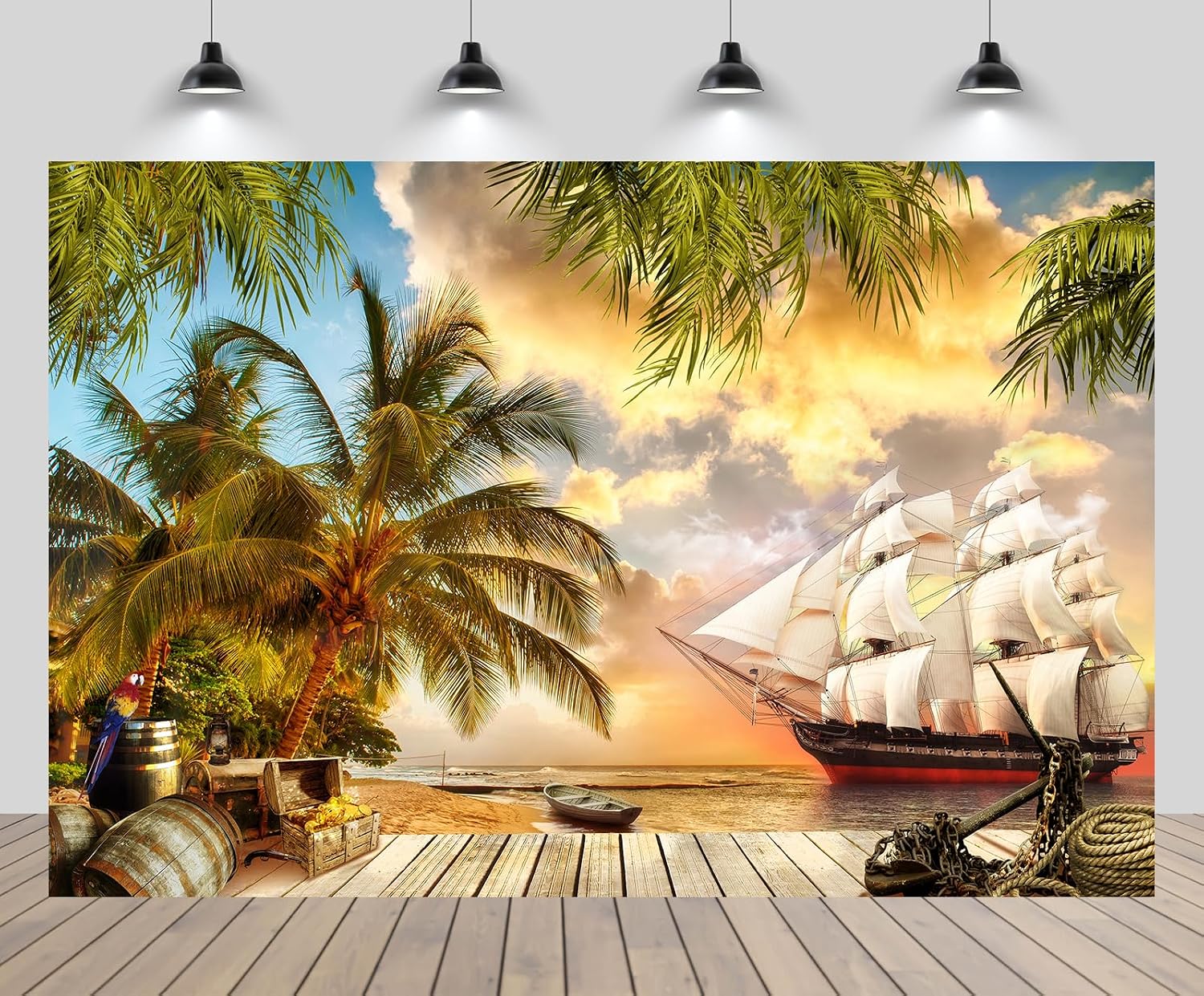 7ftx5ft Pirate Ship Backdrop Tropical Island Beach Palm Trees Wooden Board Treasure Box Oak Barrels Background Pirate Halloween Theme Birthday Party Decor Photo Booth Studios Props