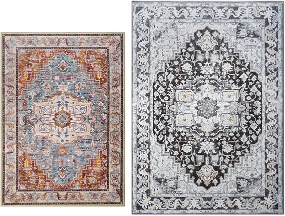 Area Rugs 5x7 + 8 x10 Black for Living Room, Machine Washable Vintage Rugs -Low Pile Carptet, Soft Distressed Rugs for Kitchen, Dining Room, Bedroom, Brick Red