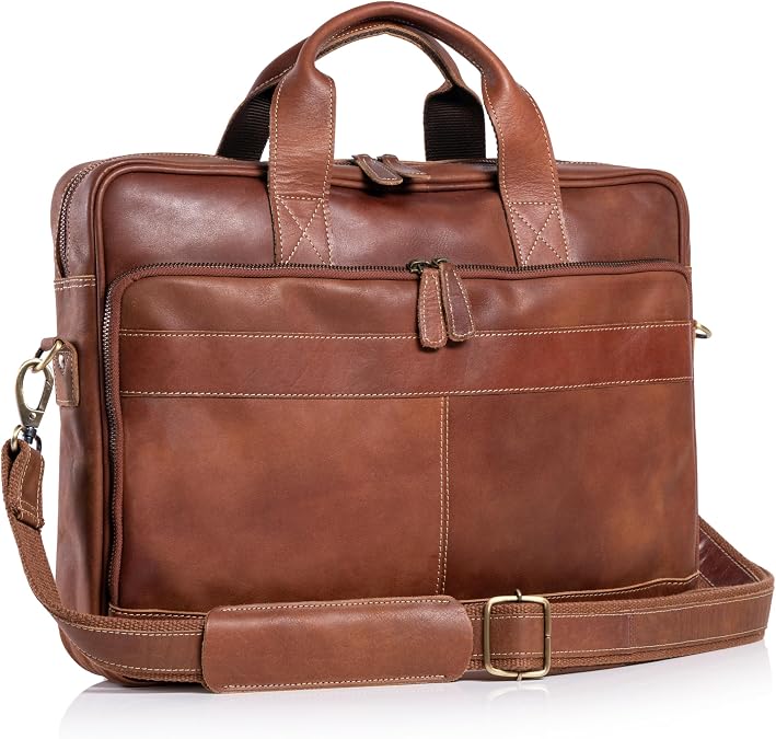 KomalC leather briefcase 16 inch laptop messenger bag satchel for men women