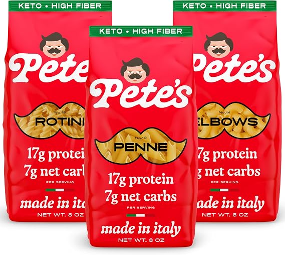 Pete'S Pasta - 8oz Assortment Pack - Penne, Rotini, Elbow, 7g Low Carb Pasta, 17g High Protein Pasta, Authentic Italian Ketogenic Noodles, Healthy and Low Elbows