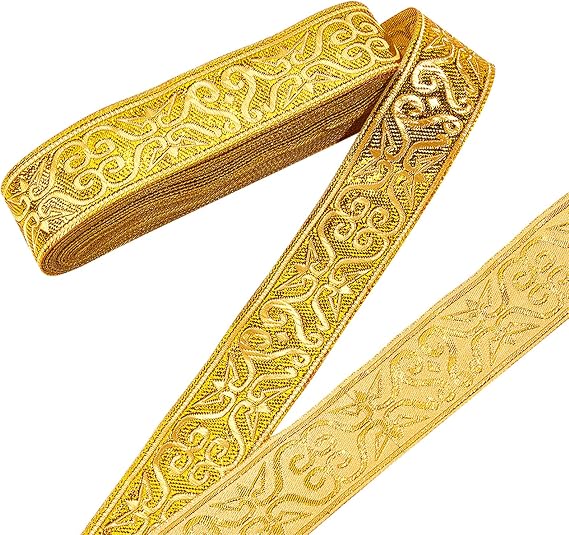NBEADS 7.7 Yards Gold Jacquard Ribbon Trim, 1-1/4 Inch Wide Boho Woven Trim Ethnic Floral Ribbon Embroidery Polyester Flat for DIY Craft Clothing Accessories Decorations