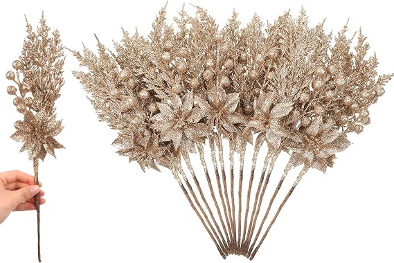 12 Pcs Glitter Christmas Pick Decoration Spray Pine, Champagne