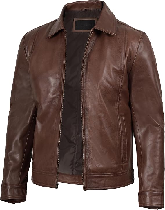Blingsoul Vintage Distressed Leather Jacket for Men - Shirt Collar Genuine Lambskin Mens Leather Jacket
