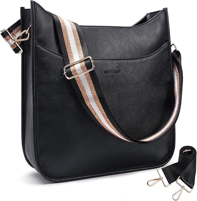 HKCLUF Crossbody Bag for Women Vegan Leather Hobo Handbags Guitar Strap Purse Shoulder Bucket Bag with 2PCS Adjustable Straps