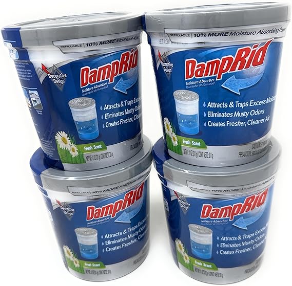 DampRid Refillable Moisture Absorber, 10.5 oz. Cups, 4 Pack, Fresh Scent, Traps Moisture for Fresher, Cleaner Air, No Electricity Required, Lasts Up To 60 Days