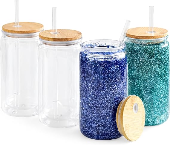 Acrylic Snow Globe Tumbler with Lid and Straw, 16 oz, 4 Pcs