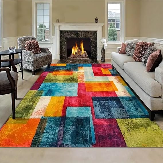 Abstract Geometric Area Rug, 60x110cm Vintage Colorful Plaid Patchwork Stylish Artistic Living Room Carpet, Soft Non-Slip Washable Throw Rugs for Living Rooms Entryways Offices With Hardwood Floors
