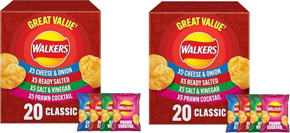 Walkers Classic Variety Crisps Multipack – 20 x 25g Snack Bags – Ready Salted, Cheese & Onion, Salt & Vinegar, Prawn Cocktail – 100% British Potatoes (2x Walker Classic x20 red box)