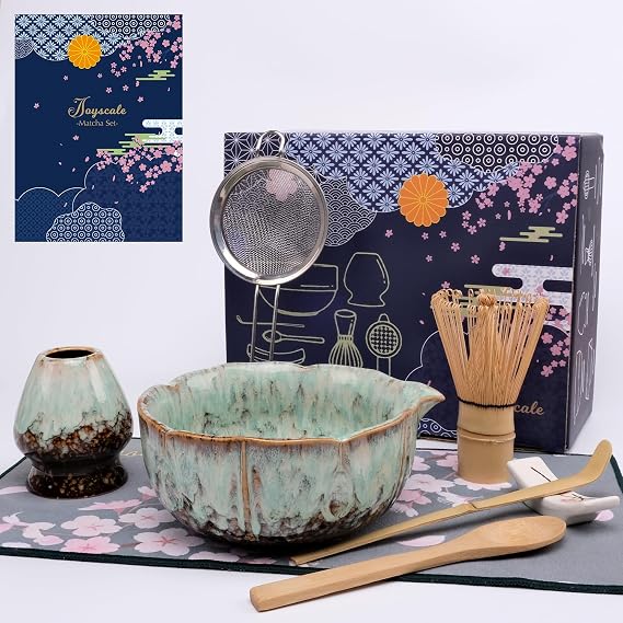 Joyscale Matcha Whisk Set, Matcha Set Whisk And Bowl, 9 Pcs Matcha Kit Set(Rose Design), 18 OZ, Japanese Matcha Tea Set, Matcha Making Kit Gifts for Tea Lovers(Blue)