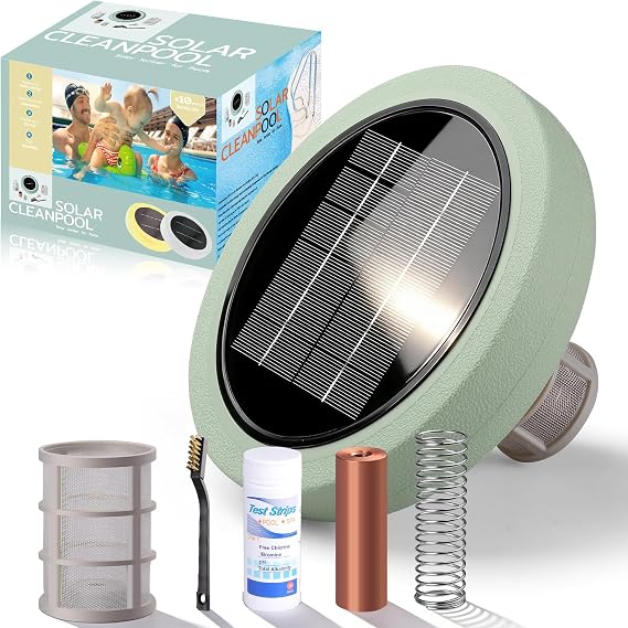Solar Pool Ionizer for Above Ground, Solar Powered Floating Copper Purifier, Reduce Chlorine 85% Up to 45,000 Gallons, Swimming Pools Water Cleaner for In-ground Pools and Spas (Green)