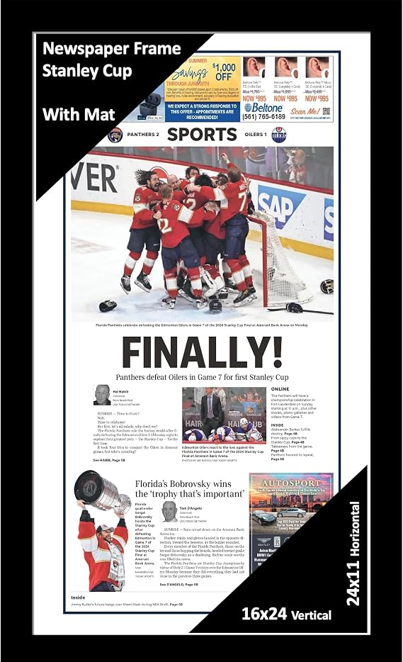 Creative Picture Frames 16x24 Manhattan Black Hockey Newspaper Frame with White Mat for Stanley Cup Wall Hanger Installed