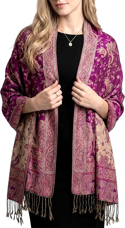 Achillea Reversible Paisley Pashmina Rave Scarf Exotic Indian Shawls and Wraps for Evening Dresses, Festivals, All Seasons