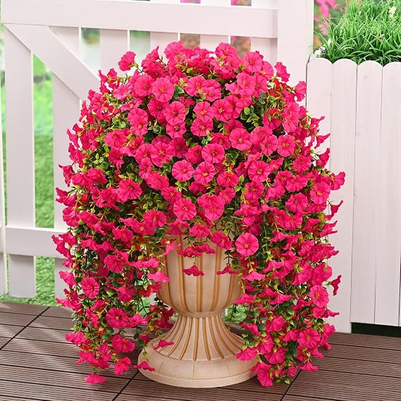 MARTINE MALL 2 Pcs Look Real Artificial Flowers for Outdoors, Realistic Artificial Hanging Flowers for Outdoors, UV Resistant Fake Hanging Plants Silk Petunia Faux Flowers for Porch Patio, Rose Red