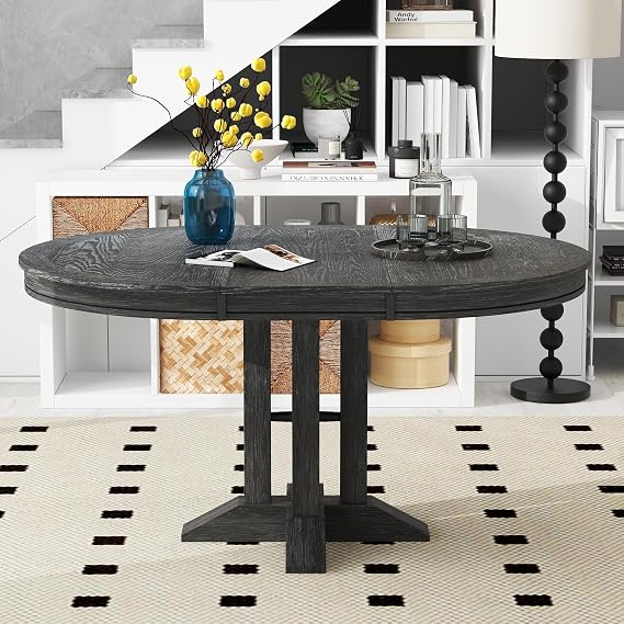 Merax Farmhouse Expandable Round Dining Table for 4-6, Black