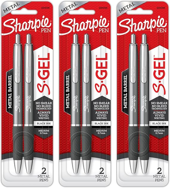 Sharpie S-Gel, Gel Pens, Sleek Metal Barrel, Gunmetal, Medium Point (0.7mm), Black Ink, 6 Count