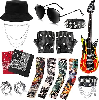 GIFIKOI 16pcs Rocker Costume Set for Men 80 90s Rockstar Accessories Punk Rocker Rock and Roll Party Costume Set