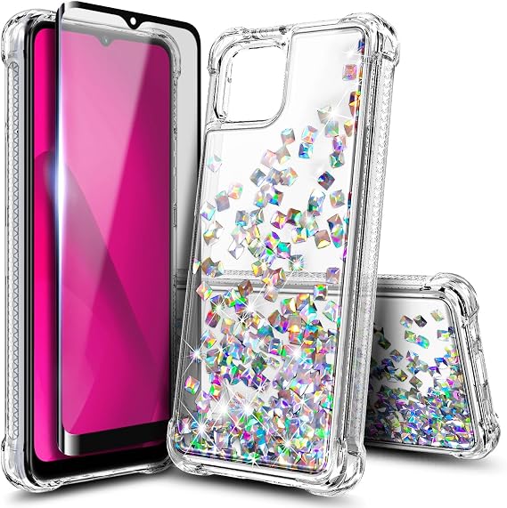 NZND Designed for T-Mobile REVVL 7 5G Case, Glitter Floating Liquid Waterfall Women Girls Kids Cute Case with Tempered Glass Screen Protector (Crystal Gem)