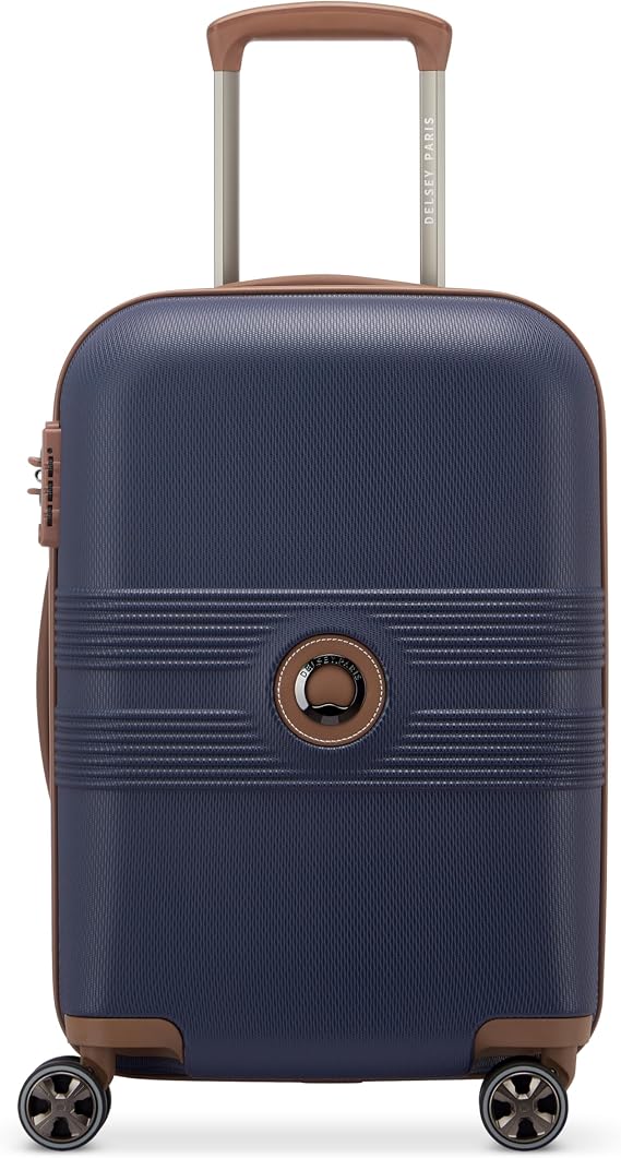DELSEY PARIS Flanerie SE - Hardside Carry-On Luggage 19 Inch - 360 Dual Spinner Wheels - TSA Lock - Lightweight Polycarbonate Travel Suitcase with Vegan Leather, Navy