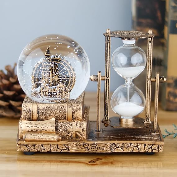 LED MusicCrystal Snow Globe, Sand Timer ,Hourglass,Home Decor,Table Decor for Living Room ,Office Desk Decorations[Brass Ferris Wheel]