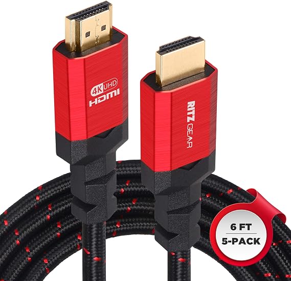 4K HDMI 2.0 Cable 6 ft. [5 Pack] by RitzGear. 18 Gbps Ultra High Speed Braided Nylon Cord & Gold Connectors - 4K@60Hz/UHD/3D/2160p/1080p/ARC & Ethernet. Compatible with UHD TV/Monitor/PC/PS5/Xbox