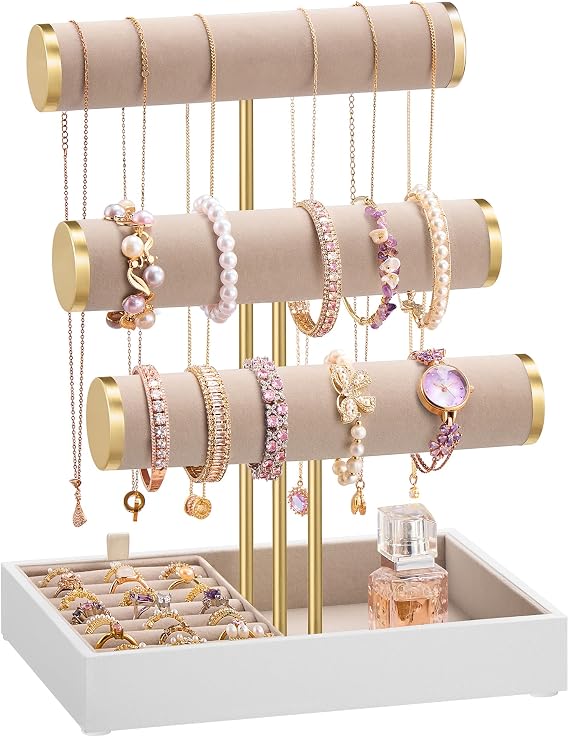 SONGMICS Jewellery Display Stand,Bracelet Holder Stand 3 Tiers, Velvet Tray