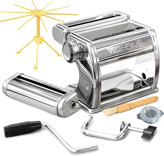 Manual Pasta Maker with Dryer - Multi-Pasta Stainless Steel Italian Flat Dough Machine with Adjustable Setting, Sharp Cutter, and Hand Crank - Fresh Homemade Noodles, Spaghetti, Lasagne | By VeoHome...