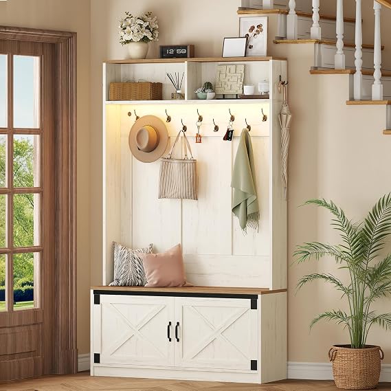 Hzuaneri 42.5 in Hall Tree with Bench and Storage, Wood Entryway Coat Rack