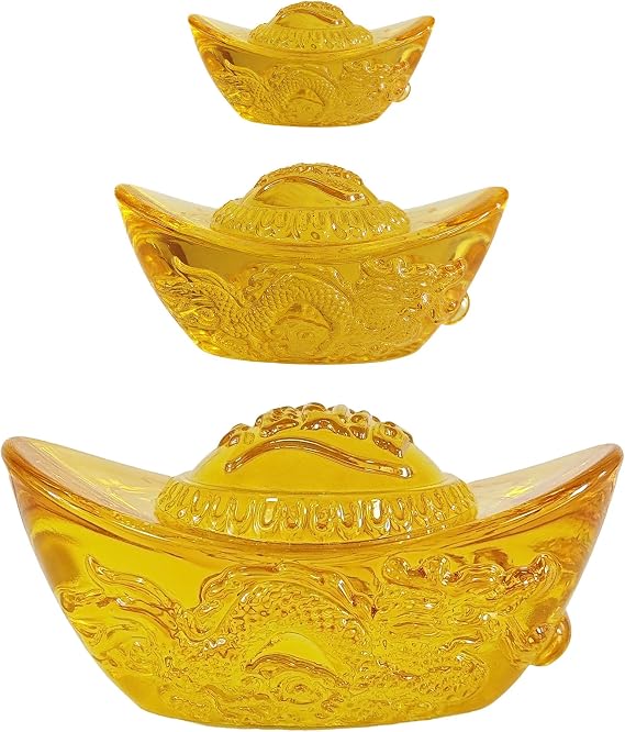 Feng Shui Yellow Crystal Ingot Statues Office Home Decor 3pcs