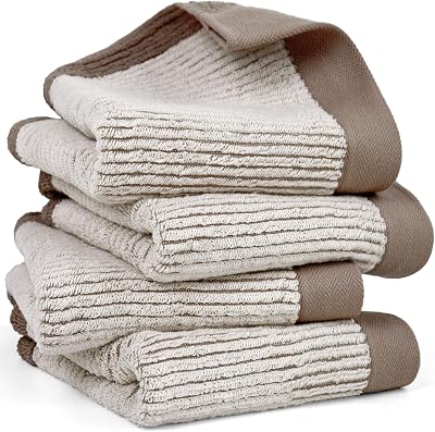 Cleanbear Hand Towels for Bathroom Set of 4, Jacquard Weaved Cotton Face Towels, 28 x 13.7 Inches Light-Brown