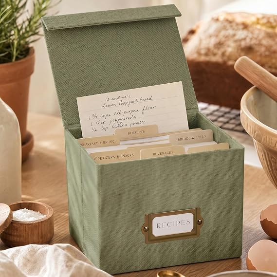 ZICOTO Beautiful Linen Recipe Box - Fits 4x6 inch Recipe Cards to Organize Up to 250 Recipes - Sturdy Card Holder and Great Gift for Any Kitchen - Cards Not Incl.
