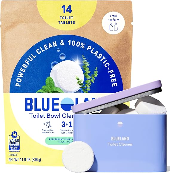 BLUELAND 100% Plastic Free Toilet Bowl Cleaner Tablets Set, Eucalyptus | Peppermint Eucalyptus Scent, Removes Limescale, Rust & Hard Water Stains, Septic-Safe, No Dyes, Ammonia, or Parabens